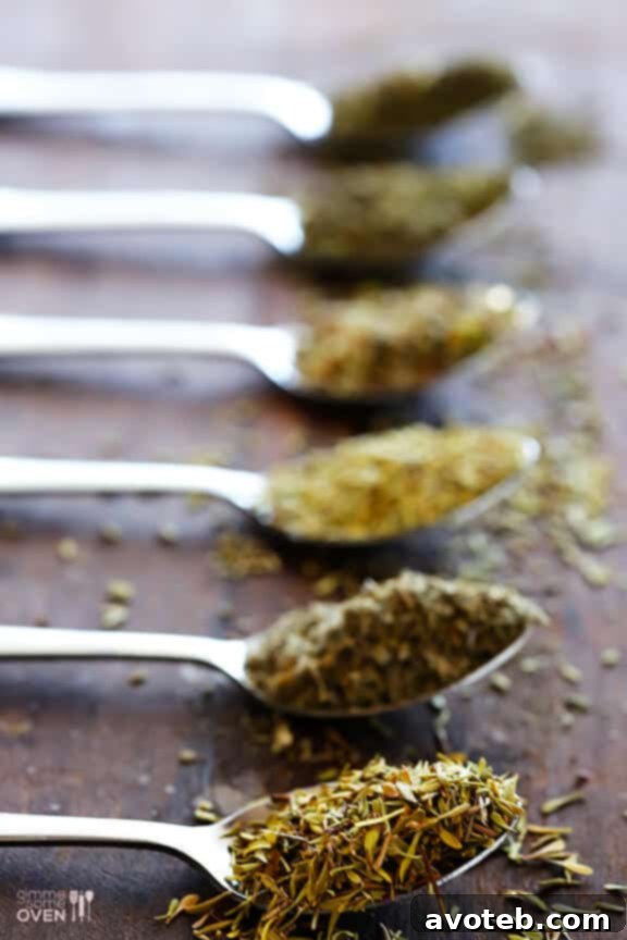Close-up view of various dried herbs for homemade Italian seasoning blend