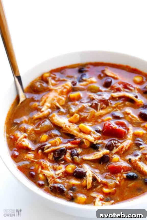 Close-up of Slow Cooker Chicken Enchilada Soup