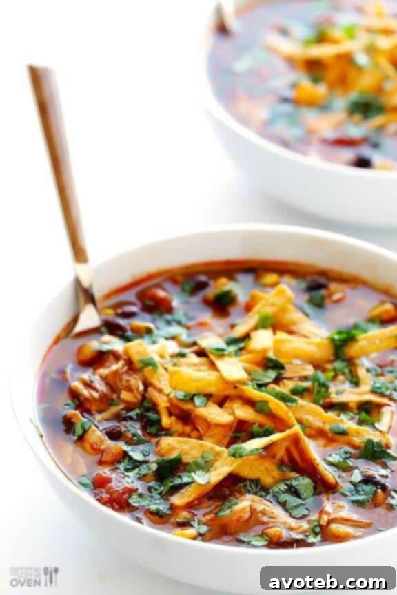A creamy and zesty Slow Cooker Chicken Enchilada Soup, ready for your favorite toppings.