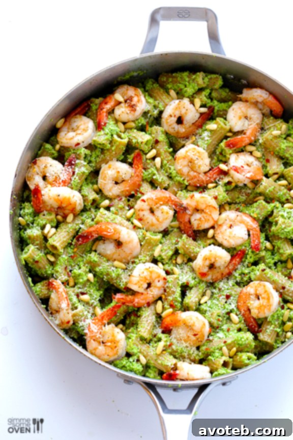 Garnished Shrimp Pasta with Broccoli Pesto and Red Pepper Flakes