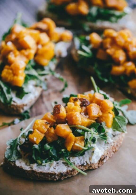 Butternut Squash, Arugula, and Roasted Garlic Goat Cheese Tartine | Gourmet Toast