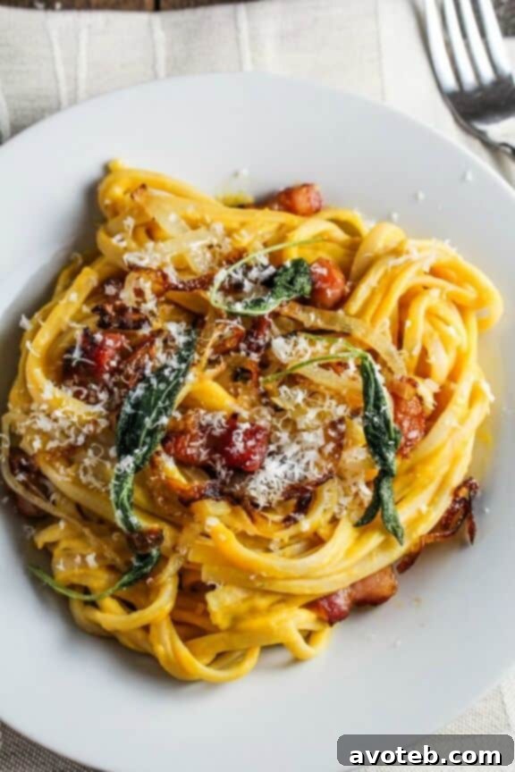 Butternut Squash Carbonara with Fried Sage and Caramelized Onions | Unique Pasta Recipe