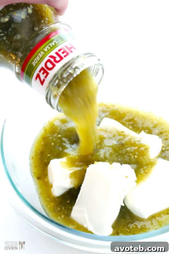 Effortless Queso Dip 4 Just two ingredients: creamy brick cream cheese and tangy salsa verde for an effortless queso dip.