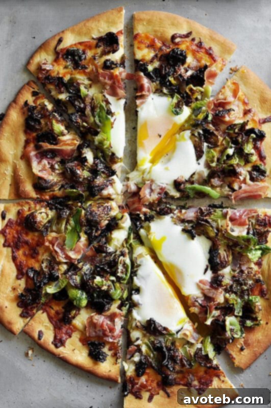 Brussels Sprouts and Pancetta Pizza | thecandidappetite.com - a savory and slightly bitter fall pizza with crispy Brussels sprouts and salty pancetta.