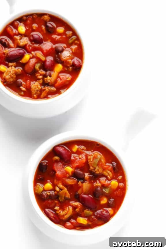Finished Slow Cooker Turkey Taco Chili simmering in the slow cooker.