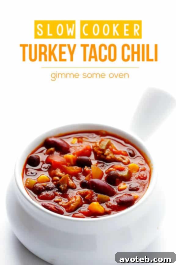 A generous serving of Slow Cooker Turkey Taco Chili in a bowl.