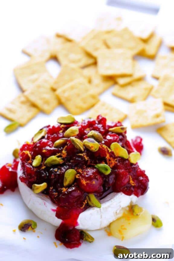 A festive Cranberry Pistachio Baked Brie, warm and gooey, topped with vibrant red cranberries and bright green pistachios, artfully presented on a serving board with crackers.