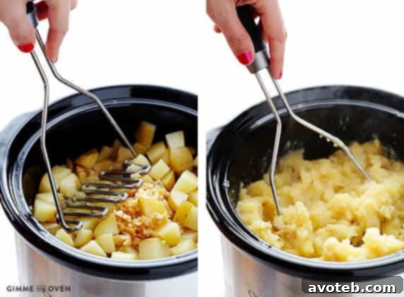 Cooked potatoes in a slow cooker, ready for mashing.