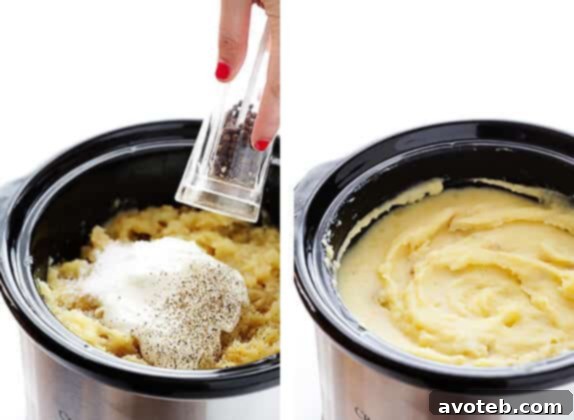 Freshly mashed potatoes with Greek yogurt being stirred in.
