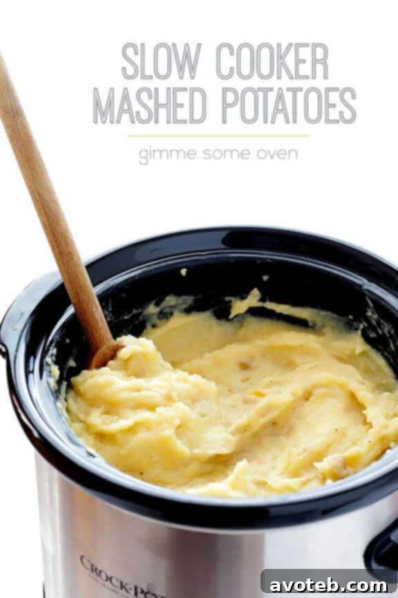 Final presentation of slow cooker mashed potatoes in a bowl with herbs.