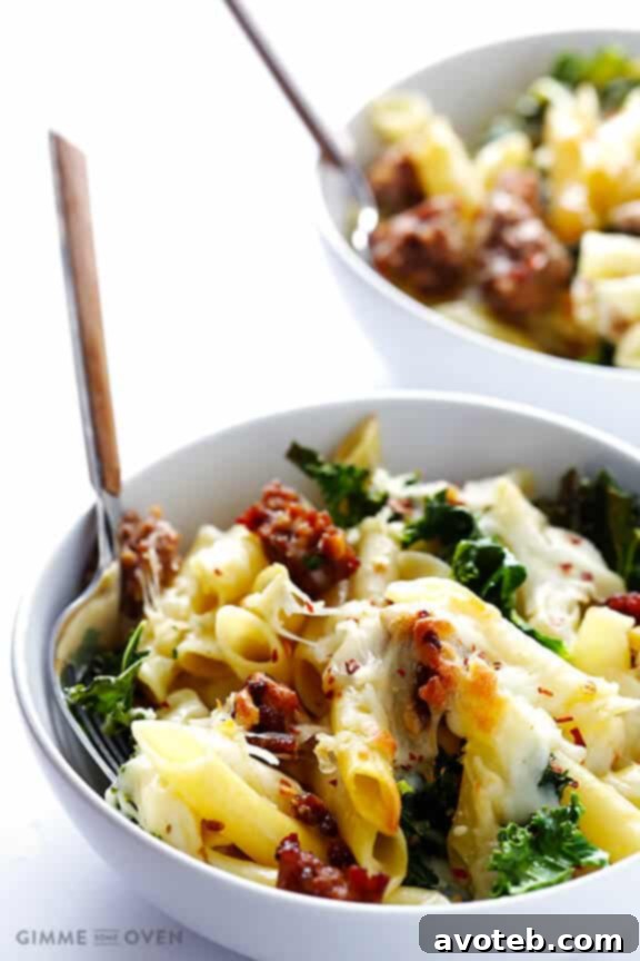 Freshly baked 5-Ingredient Italian Sausage and Kale Baked Ziti, golden and bubbly from the oven.