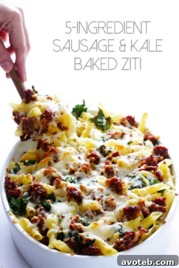 A large serving spoon scooping out a portion of 5-Ingredient Italian Sausage and Kale Baked Ziti.