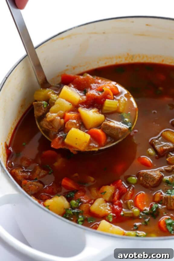 Vegetable Beef Soup - Ingredients simmering gently, showcasing fresh vegetables and beef.