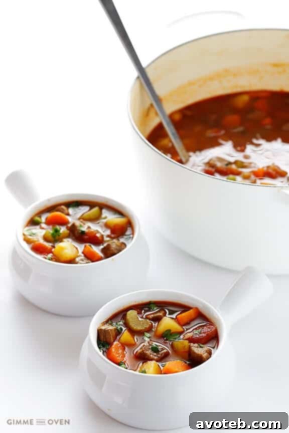 Vegetable Beef Soup - A bowl of steaming vegetable beef soup with a spoon, ready to be enjoyed.