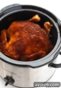Slow Cooker 'Rotisserie' Chicken recipe thumbnail, showing a delicious, perfectly cooked whole chicken.