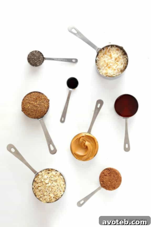 Gathering ingredients for Chocolate Peanut Butter No-Bake Energy Bites: chia seeds, coconut, honey, cocoa powder, oats, ground flax, vanilla, peanut butter. | gimmesomeoven.com