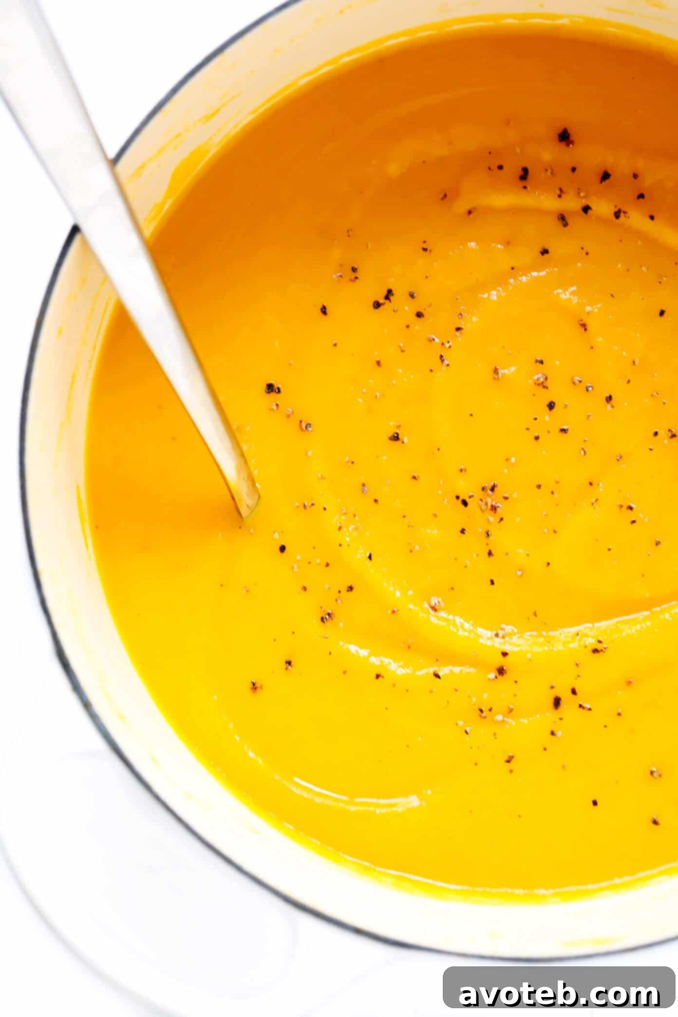 Butternut Squash Soup in a rustic dutch oven, ready to be served.