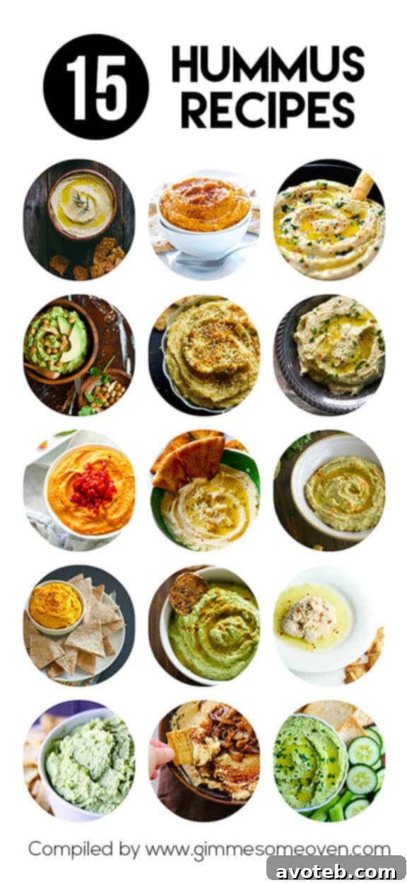 15 Recipes for Creamy Dreamy Hummus Bliss 2 A vibrant collection of 15 diverse homemade hummus recipes, beautifully garnished, including classic, spicy, and unique flavors, perfect for dipping or spreading. The image highlights various colorful hummus bowls ready to be enjoyed.
