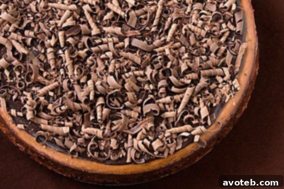 Decadent Bailey's Chocolate Cheesecake with chocolate curls on top, ready for St. Patrick's Day celebration.