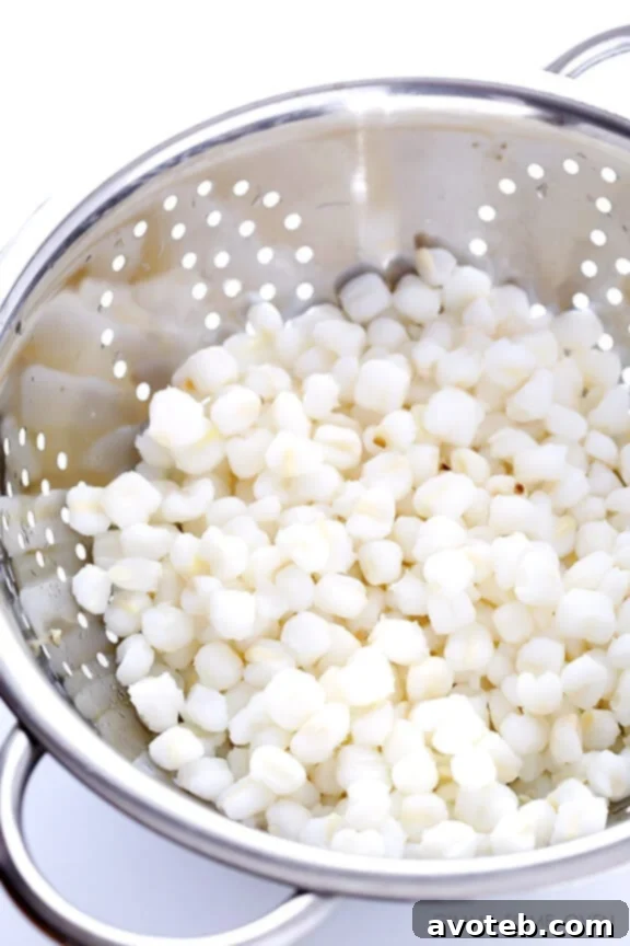 Canned white hominy, the essential ingredient for authentic Posole stew.