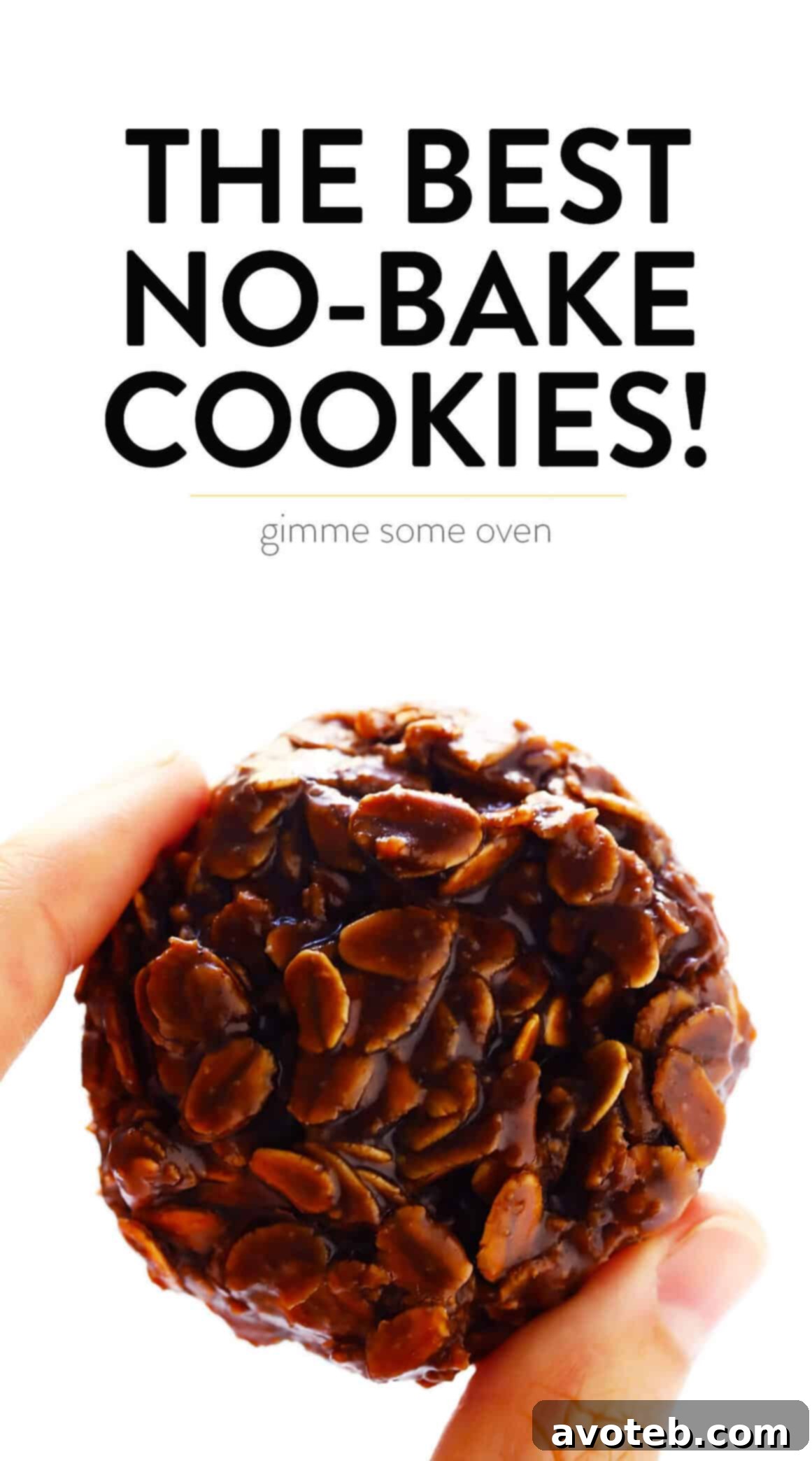 This classic No Bake Cookies recipe is easy to make in just 15 minutes, and that peanut butter + chocolate + oatmeal combination is always a winner! | Enjoy the simple pleasure of homemade chocolate peanut butter no-bake cookies. #chocolate #nobake #cookies #peanutbutter #oatmeal #dessert Close-up of a stack of No Bake Chocolate Peanut Butter Cookies