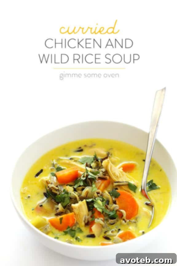 A comforting bowl of Curried Chicken and Wild Rice Soup.