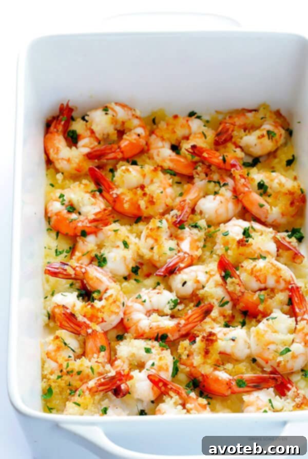 Shrimp spread evenly in a baking dish, topped with Panko breadcrumbs.