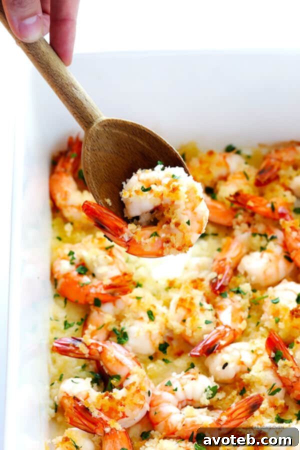 Garlicky Baked Shrimp fresh out of the oven, with golden crispy Panko topping.
