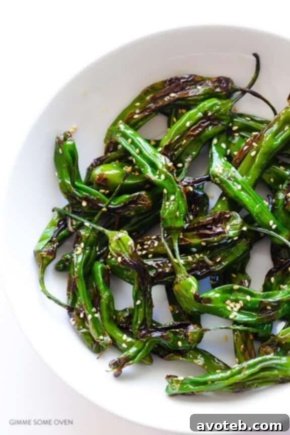 Toasted Sesame Shishito Bites 8 Easy Sesame Shishito Peppers served in a white bowl