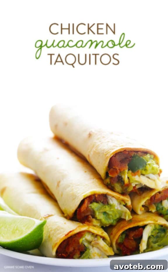 An overhead shot of a finished platter of crispy 5-Ingredient Chicken Guacamole Taquitos with dips