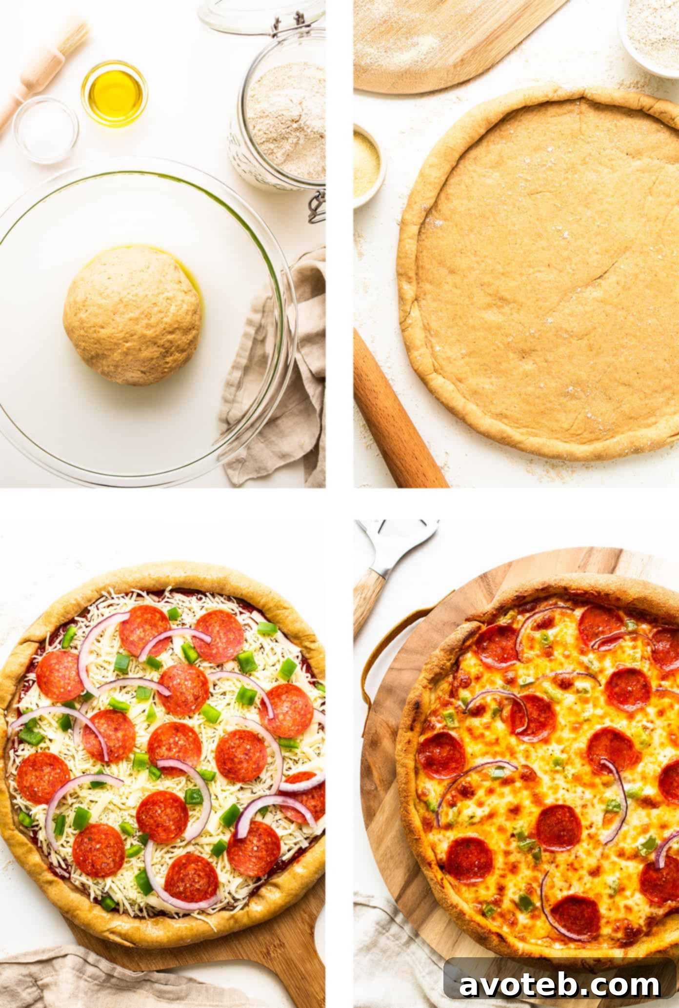 Step-by-step photos illustrating homemade pizza dough preparation