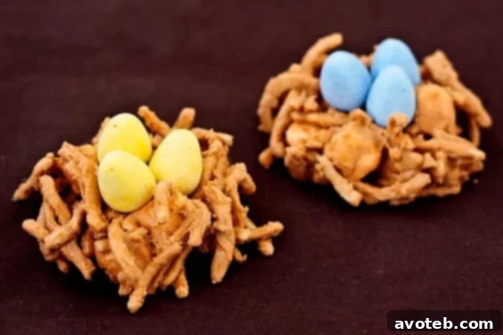 Beautifully arranged Butterscotch Birds' Nests, resembling haystacks, topped with colorful candy eggs for a festive Easter treat.