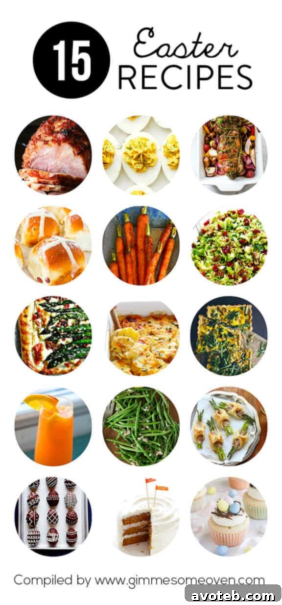 A vibrant spread of delicious Easter dishes including ham, deviled eggs, and spring vegetables.
