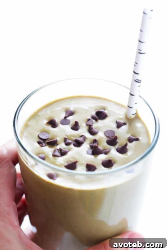 Chocolate Peanut Butter Green Goddess Smoothie 3 Closeup of a delicious Chocolate Peanut Butter Green Smoothie, ready to enjoy