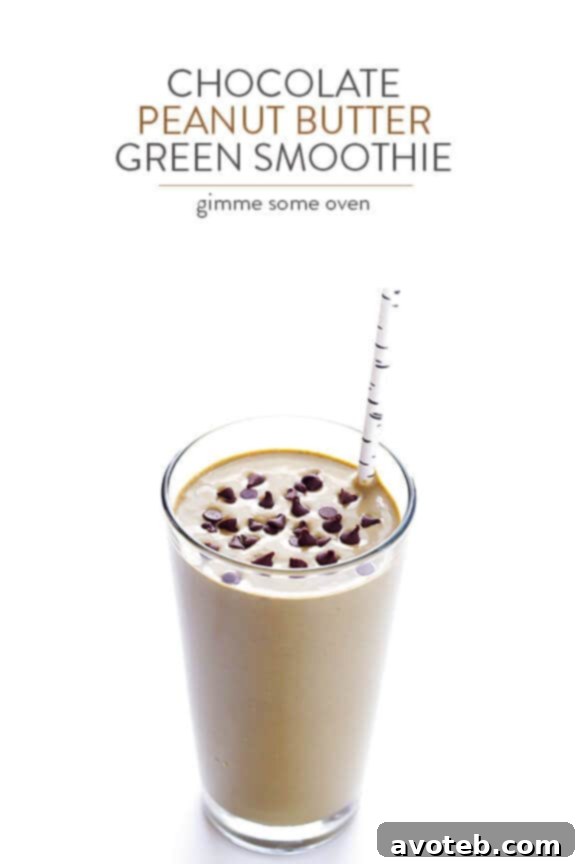 Chocolate Peanut Butter Green Goddess Smoothie 8 Two glasses of Chocolate Peanut Butter Green Smoothie, garnished with chocolate chips