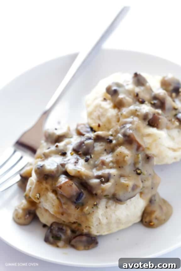 Fluffy Vegan Biscuits with Umami Mushroom Gravy 7 Close-up of Vegan Biscuits and Mushroom Gravy - Irresistible Comfort