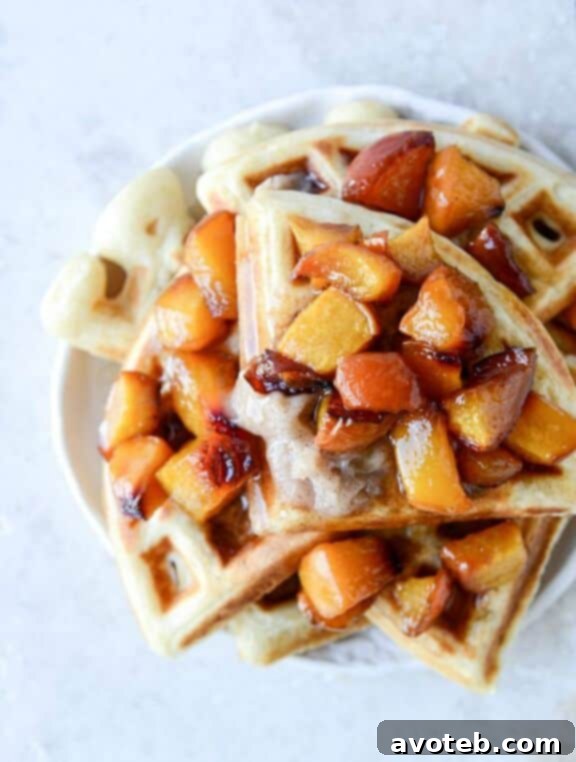Vanilla Yeasted Waffles with Roasted Peach Maple Syrup