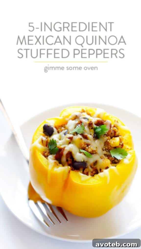 LOVE this 5-Ingredient Vegetarian Stuffed Peppers recipe! It's easy, cheesy, filled with lots of quinoa and black beans, and SO delicious! | gimmesomeoven.com 