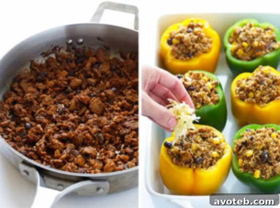 LOVE this 5-Ingredient Vegetarian Stuffed Peppers recipe! It's easy, cheesy, filled with lots of quinoa and black beans, and SO delicious! | gimmesomeoven.com 