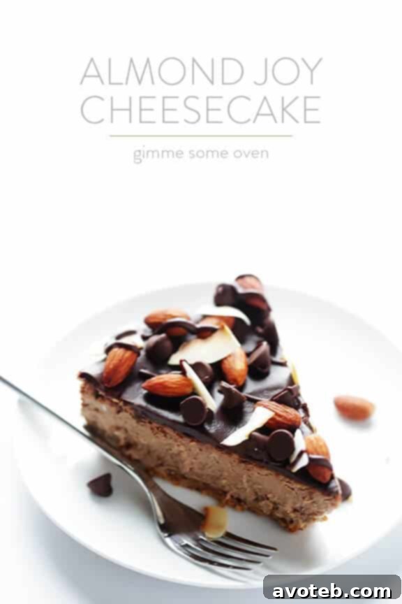 A final close-up of the Almond Joy Cheesecake, showcasing its inviting texture and tempting toppings, perfect for sharing.