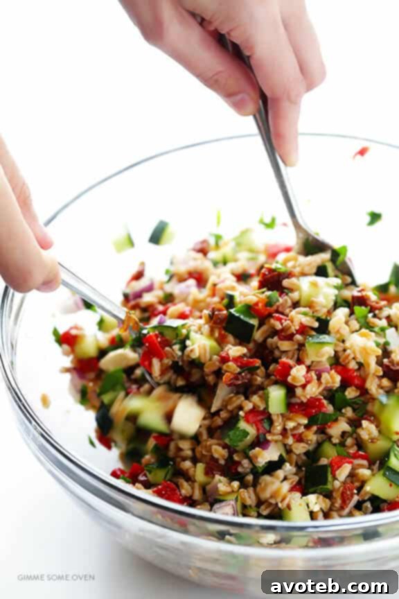 Freshly prepared Mediterranean Farro Salad in a serving bowl.