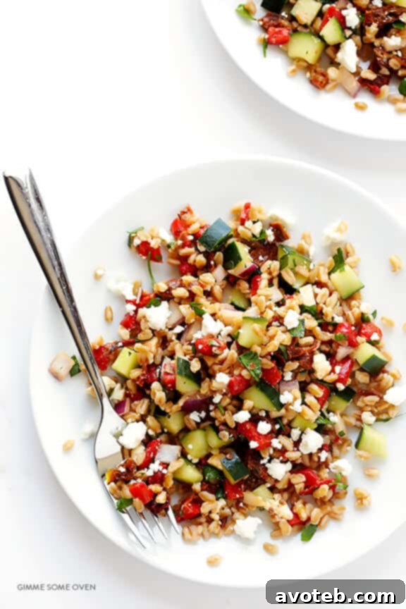 Ingredients laid out for Mediterranean Farro Salad preparation.