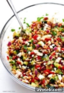 A bowl of vibrant Mediterranean Farro Salad.