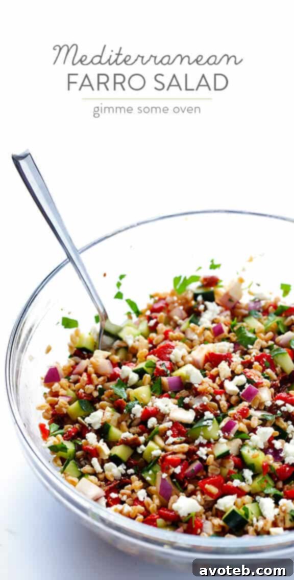 A large serving of Mediterranean Farro Salad, ready to be enjoyed.