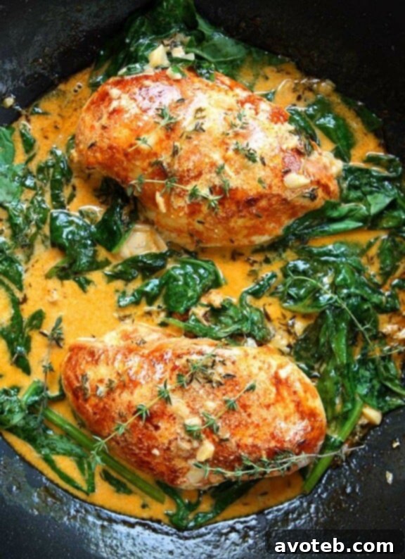 Paprika Chicken & Spinach with White Wine Butter Thyme Sauce - A rich and aromatic chicken breast recipe with spinach and a delicious wine butter sauce from The Kitchen Paper.