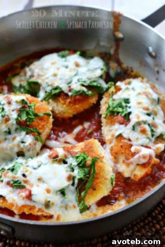 20-Minute Skillet Chicken and Spinach Parmesan - A quick and easy skillet chicken breast recipe with spinach and parmesan cheese from Mom on Timeout.