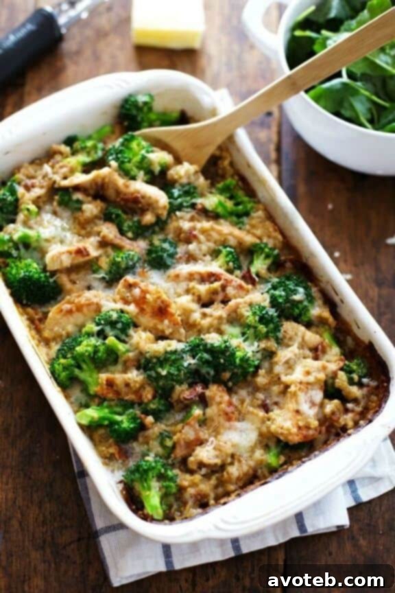 Creamy Chicken Quinoa and Broccoli Casserole - A hearty and comforting chicken breast casserole recipe with quinoa and broccoli from Pinch of Yum.