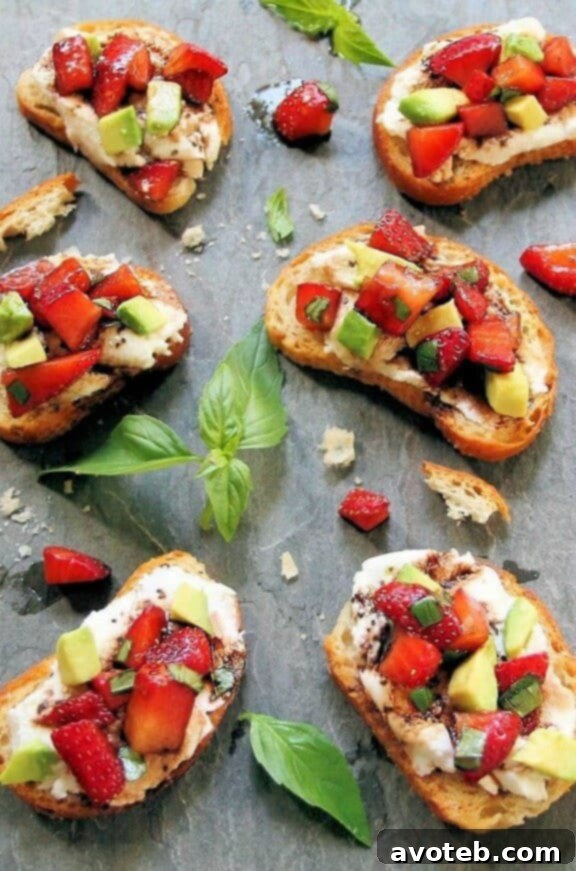 15 Irresistible Strawberry Delights 17 Strawberry Balsamic Crostini with Ricotta & Fresh Basil, an elegant appetizer.