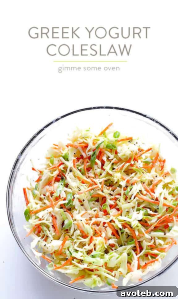 Tangy Greek Yogurt Slaw 10 Greek Yogurt Coleslaw -- the classic coleslaw we all love, lightened up with Greek yogurt instead of mayo and ready to go in 5 minutes! | gimmesomeoven.com