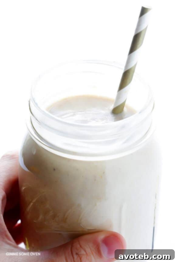 Liquid Banana Bread 8 A delicious Banana Bread Smoothie topped with a sprinkle of cinnamon, ready to drink.